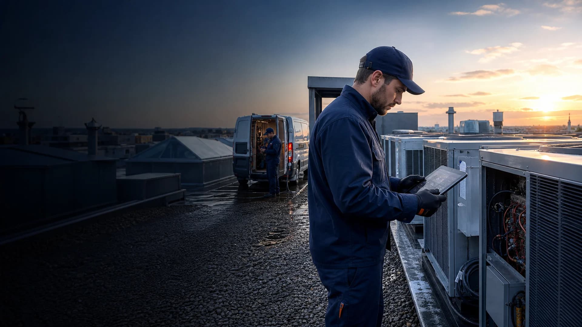 HVAC technicians working from a rooftop with connected field operations