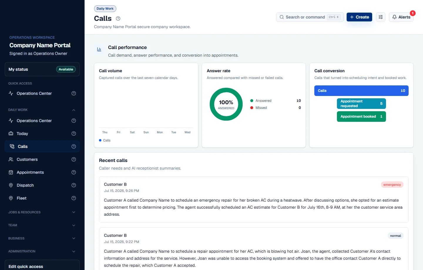 Sypher AI Receptionist call operations and booking workspace