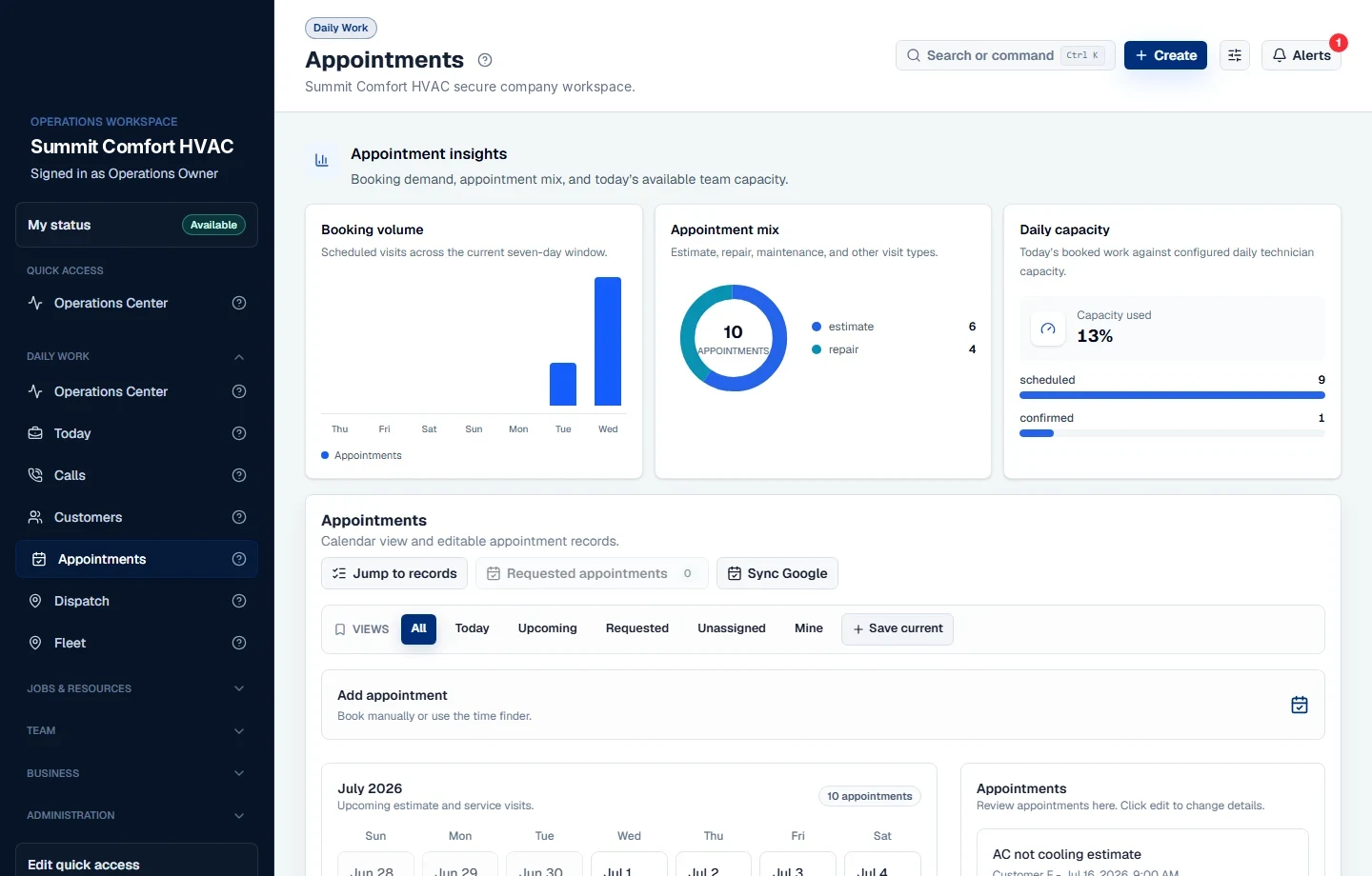 Sypher appointment calendar with scheduling controls and appointment records