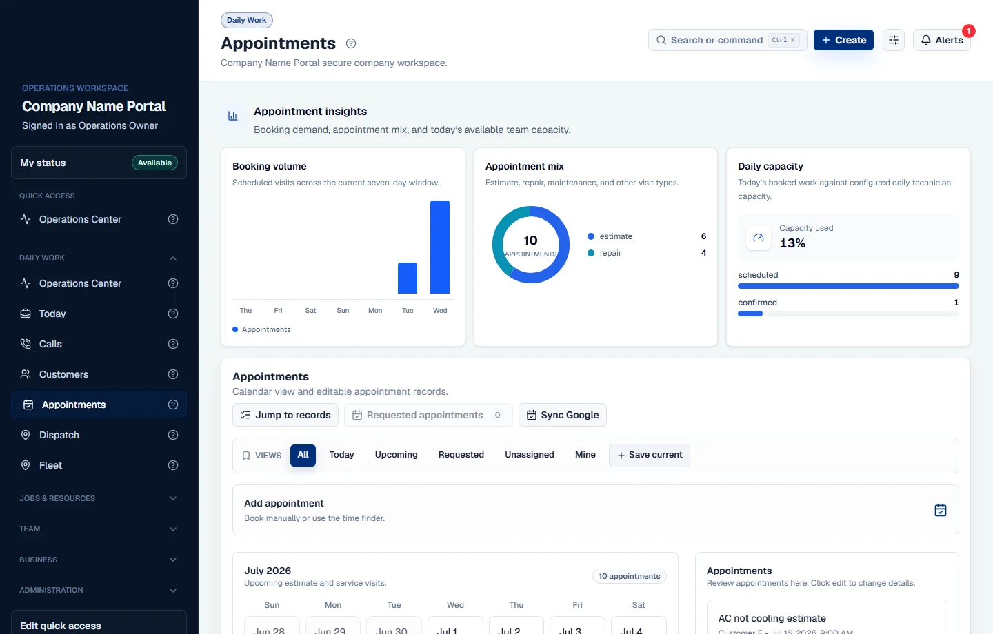 Sypher scheduling calendar with appointment details