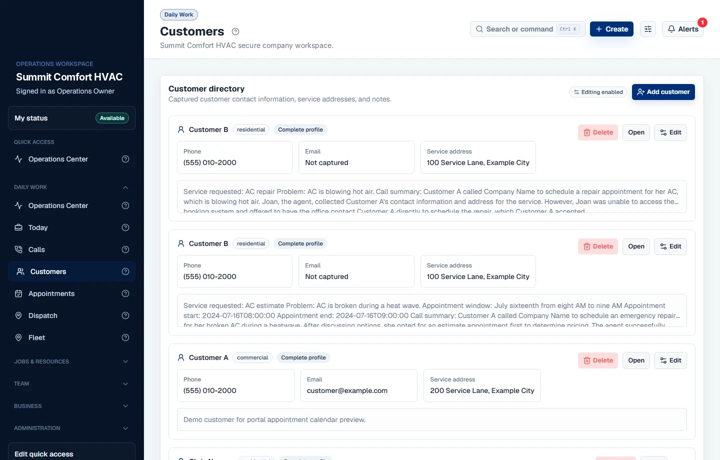 Sypher customer directory showing anonymized customer profiles, contact details, service addresses, and record actions