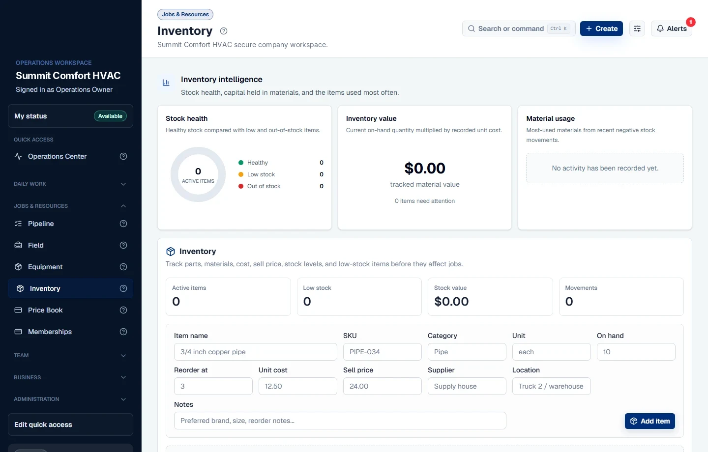 Sypher inventory workspace showing stock health, material value, usage, and item controls